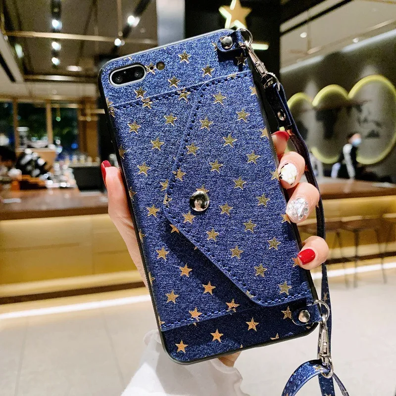 Crossbody Lanyard Gold Star Card Holder Phone Case for iPhone 7 8 6s PLUS SE2020 X XR XS 11 12 Pro Max Strap Cord Wallet Cover iphone 8 plus wallet case
