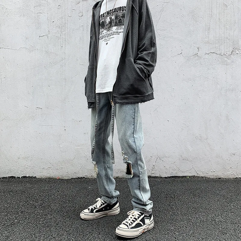 ICCLEK Pants High Street Jeans Ripped Ink-splattered Jeans Men's 2021 New Loose Straight-leg Pants Mens Pants  Streetwear Men