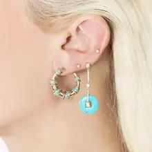 Золотой Цвет Синий Бирюзовый Камень геометрический дизайн, округлый, Круглый Большой рога Полумесяца серьга-гвоздик в форме месяца