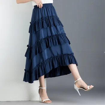 

Summer Autumn New Fashion Women Irregular Chiffon Pleated Skirt Solid Ruffles Long Mid-calf Ruffle Skirt
