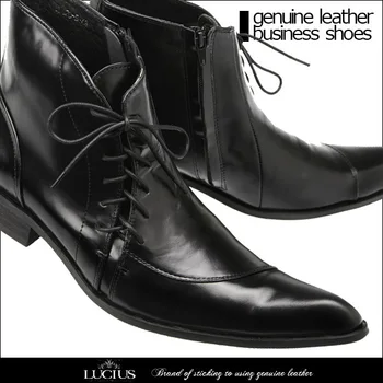 

High Men's Shoes Men's Lace up Short Boots Botas Hombre Cool Genuine Cow Leather Pointed Toe Ankle Full Grain Leather Zip Rubber