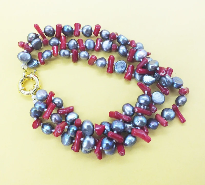 Red Coral Классический 3 ряда браслет, AAA черного цвета из натурального барочного жемчуга, натуральный нерегулярные Коралловые, браслет 8,5" - Окраска металла: Red Coral