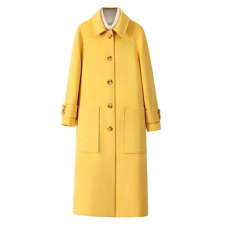 

2019 New Winter Popular Yellow Women Woolen jacket Elegant Slim Long Overcoat Coat Korean Loose Black Female Warm Wool Coat 2305