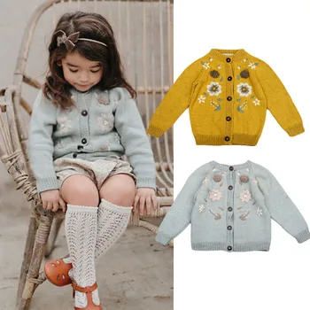 

Toddler Baby Girls Coat Winter Beautiful Cardigan Shirley Kid Knitted Coats Vintage Embroidery Coats Kid Girl Winter Clothes