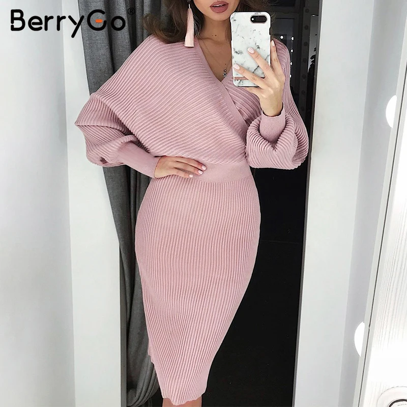 BerryGo Сексуальное Женское трикотажное платье с v-образным вырезом осень зима рукав «летучая мышь» женское платье элегантное, миди вечерние женские платья-свитера