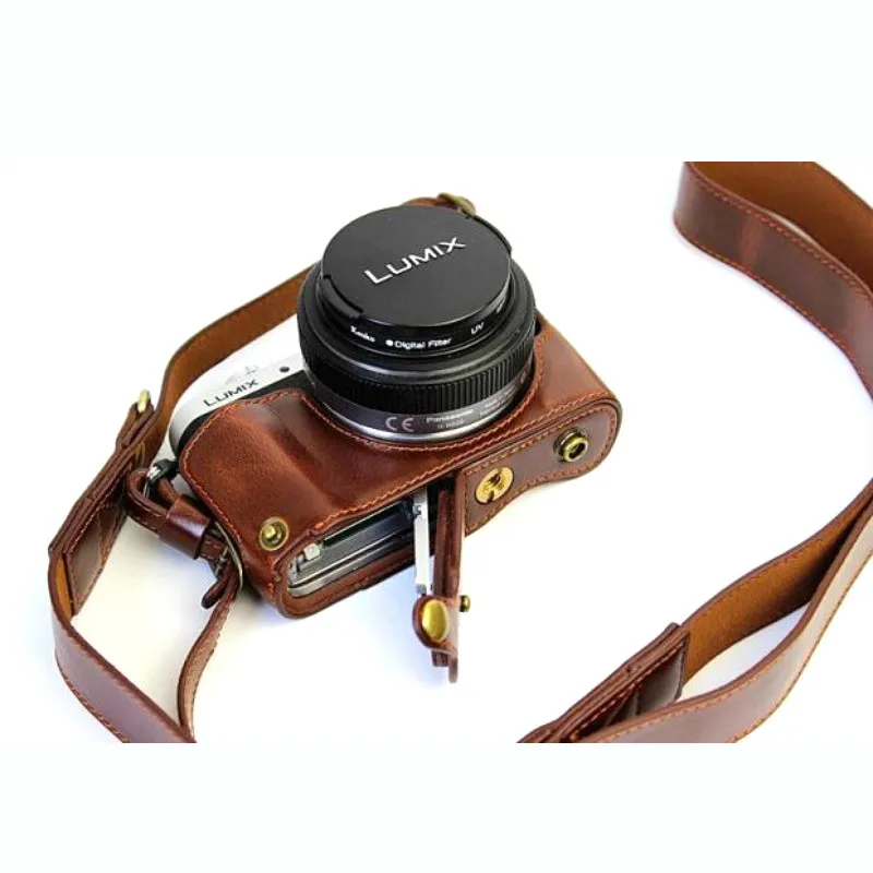 Роскошный чехол для камеры из искусственной кожи для Panasonic Lumix GF7 GF8 GF9 GF10 12-32 мм. Чехол для камеры с ремешком и открытой батареей