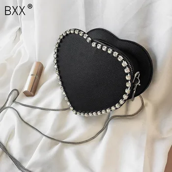 

[BXX] Leather Crossbody Bags For Women 2020 Spring Chain Diamonds Heart Shaped Shoulder Messenger Bag Lady Travel Handbags HL056