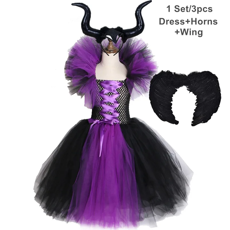 Maleficent/платье-пачка с рогами и крыльями злой королевы; нарядное платье для девочек; карнавальные вечерние платья для детей; костюм ведьмы для косплея на Хэллоуин - Цвет: Dress Horns Wing