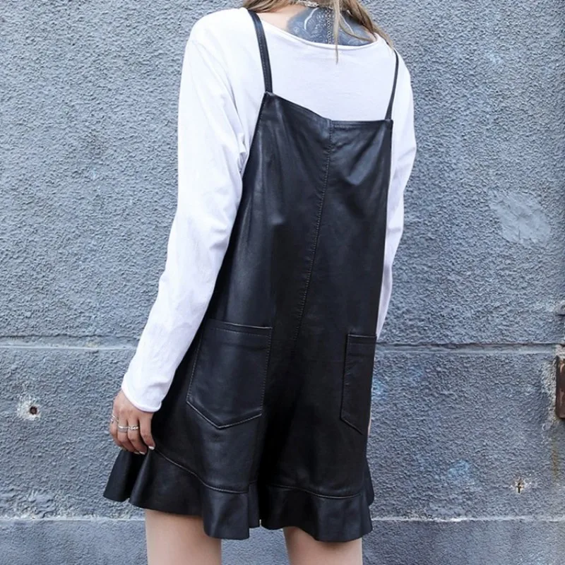 Harajuku Women Loose Fit Ruffles Overalls Sheepskin Genuine Leather Straps Shorts Casual Streetwear Female Wide Leg Flare Shorts