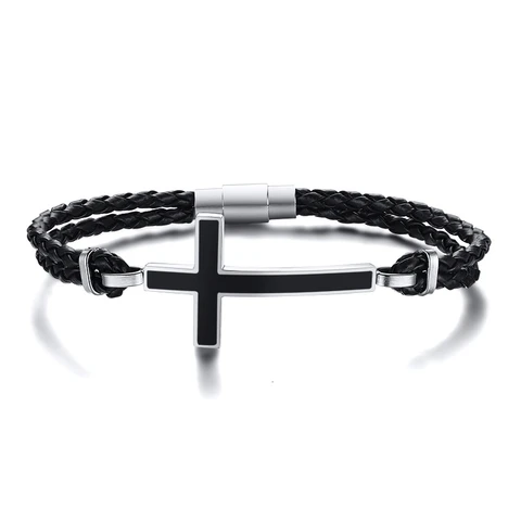 BLACK CROSS DOUBLE BRAIDED LEATHER BRACELET MAGENTIC CLASP  MEN'S JEWELRY GIFT FOR HER