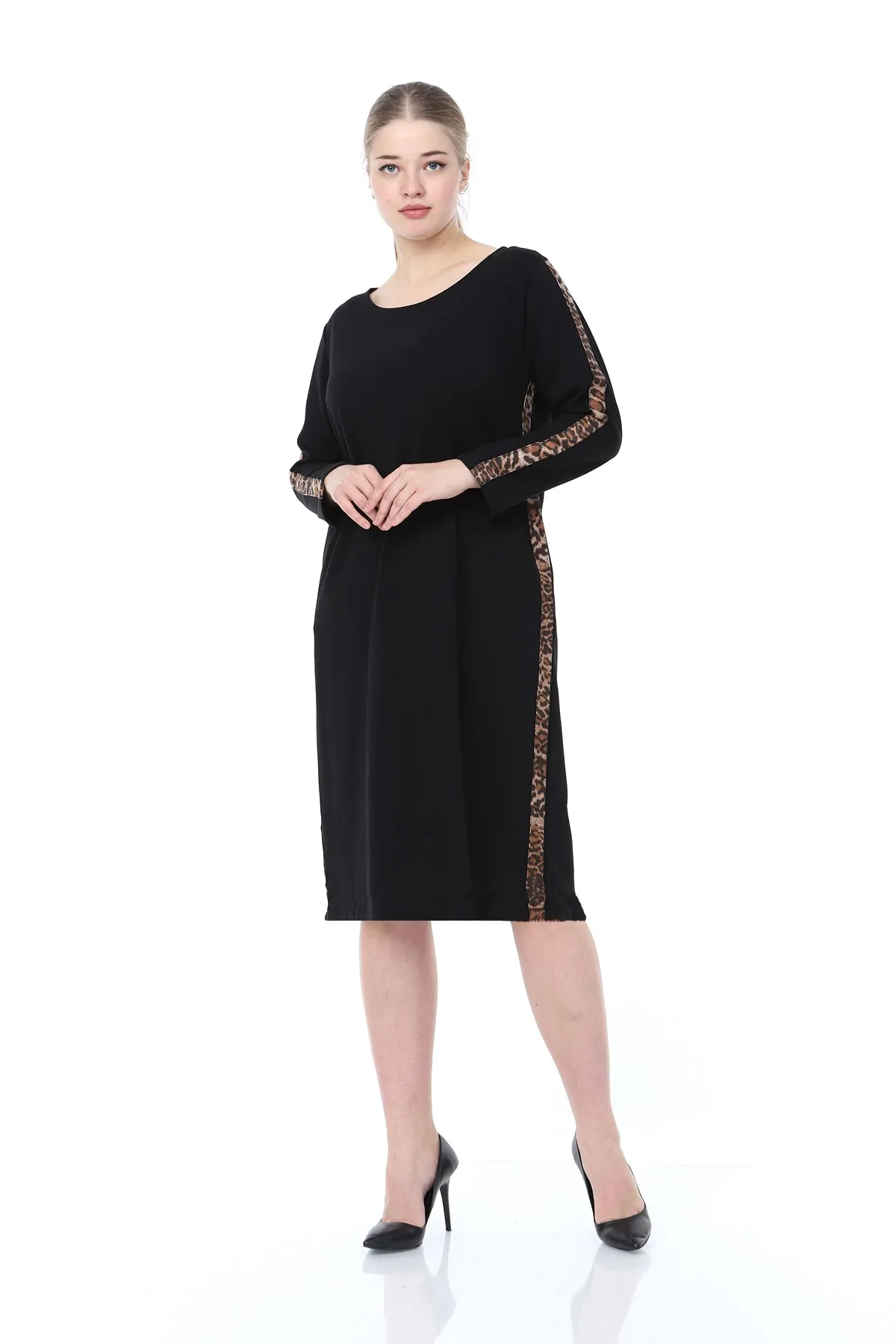 Vrouwen Plus Size Casual Lange Mouw Luipaard Bias Tape Jurk Zwart L1605 Vrouwen Plus Size Casual Lange Mouw Luipaard Bias Tape Jurk Zwart L1605