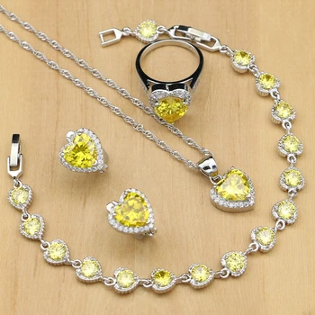 

Heart 925 Silver Jewelry Sets Yellow Cubic Zirconia White Stone For Women Stone Earrings/Pendant/Rings/Bracelet/Necklace Set