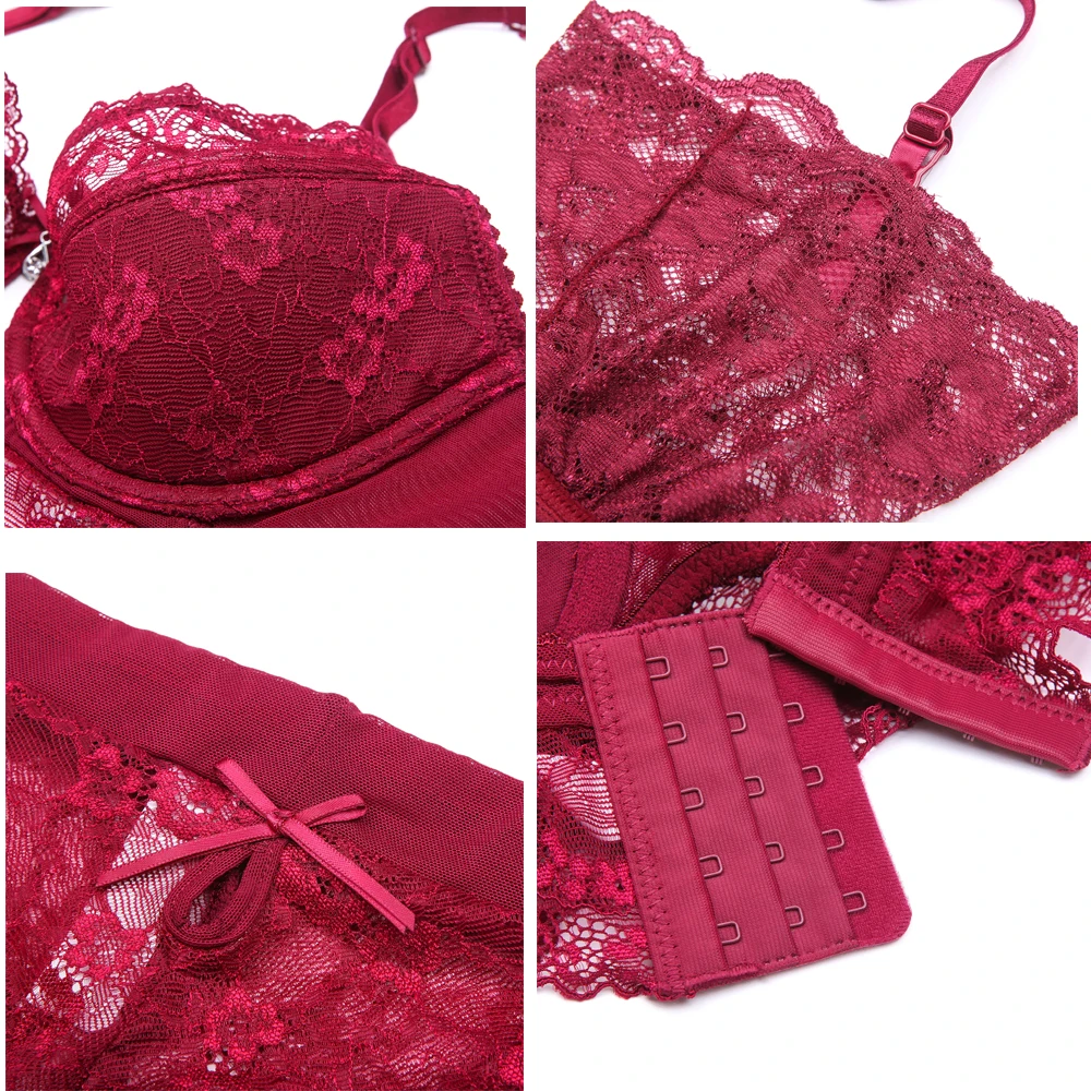 cute underwear sets Sexy lace thin cotton cup breast bra set (bra+panty+garter belt +stocking) 4pieces/lots Lingerie Set lace bra set