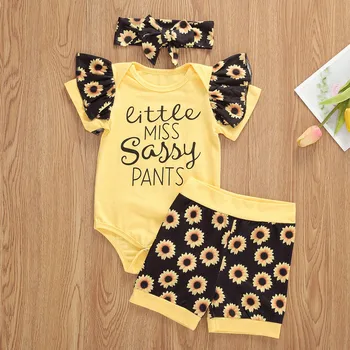 

Summer Pretty girl clothes sunflowers set 3 pcs patchwork letter bodysuit tops floral shorts girl clothes bow 0-12M clothes