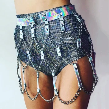 

Colorful Holographic Short Sexy Hollow Out Elastic Waist Criss Cross Bandage Patchwork Panties Night Club Hot Shorts For Lady