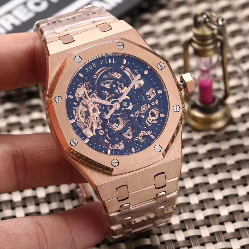  Famous Brand New Automatic Mechanical Self Wind Men Watch Sapphire Transparent Glass Skeleton Rose 