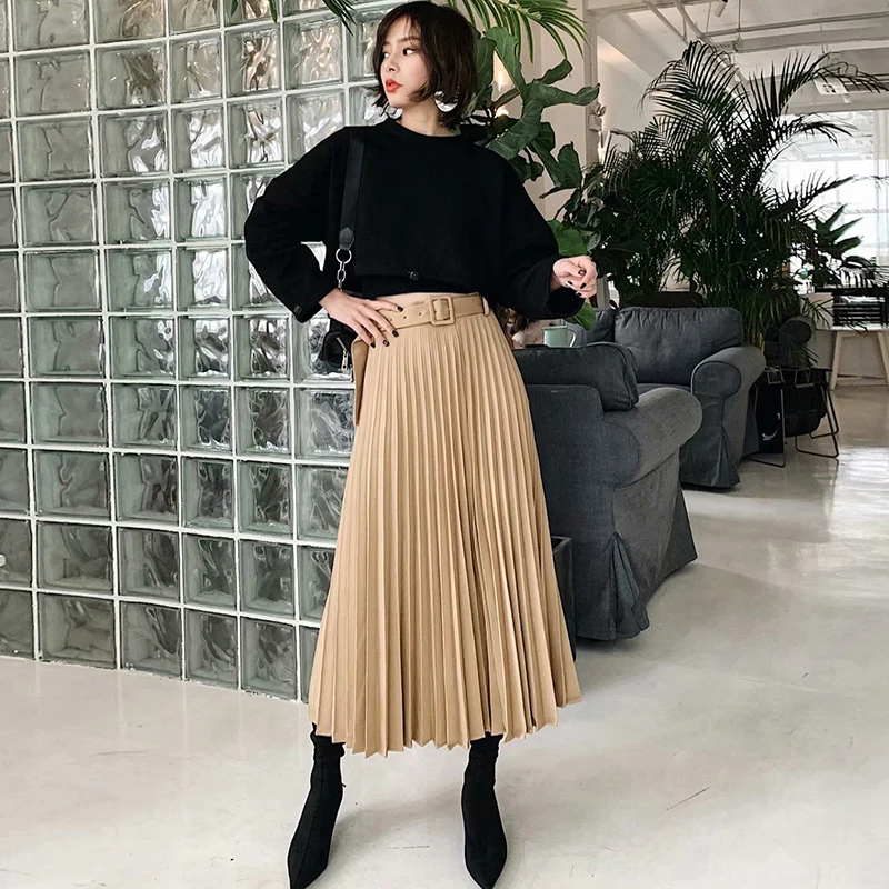 Solid Pleated Loose Skirt Sashes Mid Calf Skirts Womens High Waist Vintage Faldas Spring Autumn Pure High Quality Jupe Femme