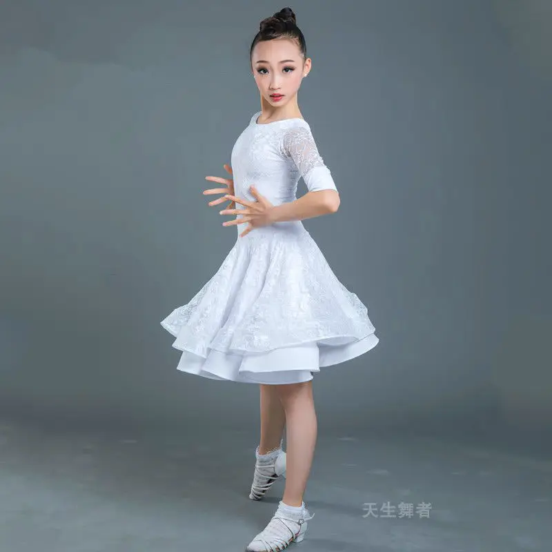 어린이 라틴 댄스 드레스 볼룸 소녀 투투 레이스, 블랙 화이트 디자인 무대 의상 살사 삼바 댄스 의상 130-160CM