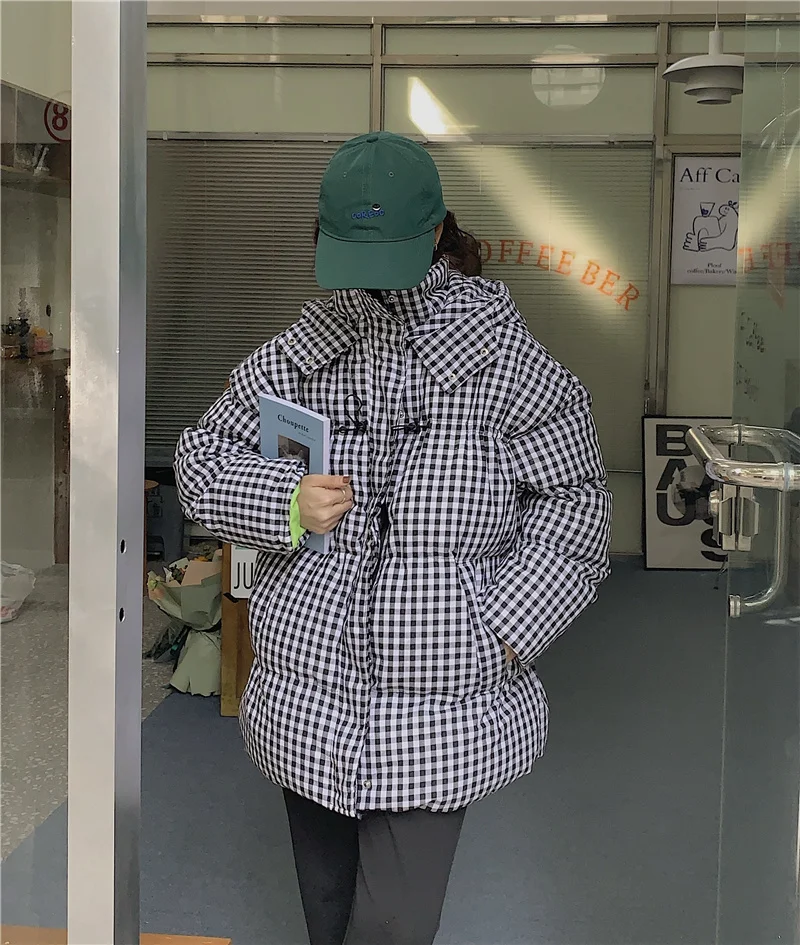 Hooded Thick Warm Padded Coat For Women Winter Casual Plaid Spongy Quilted Jacket Ladies Casual Streetwear Cotton Padded Outwear