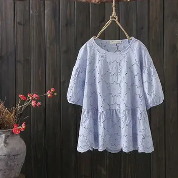 

KYQIAO korean clothes women tops plus size Japanese style bohemian o neck short sleeve white blue hollow solid embroidery blouse
