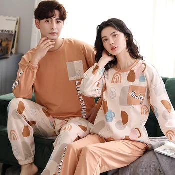 

100% Cotton Couples Long Sleeve Pajamas Sets for Women Autumn Winter Sleepwear Men Loungewear Homewear Pijama Mujer Home Clothes