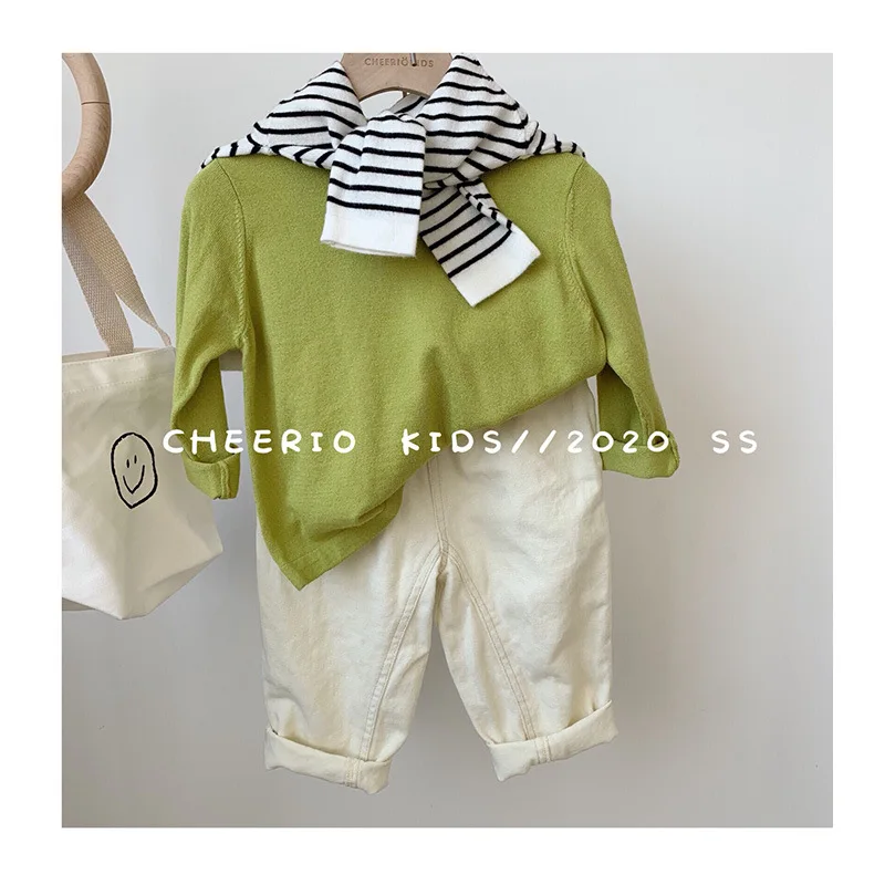 

Kids' Sweater 2020 Spring New Style Knit Crew Neck Pullover Sweater Stripes Solid Color Cardigan Korean-style Simple Long Sleeve