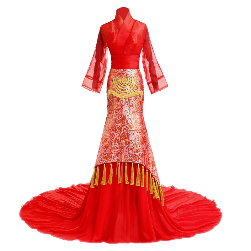 

Red Tassel Satin Cheongsam Chinese Wedding Dress Qipao Oriental Style Evening Dresses Long Mermaid Party Gown Traditional Women