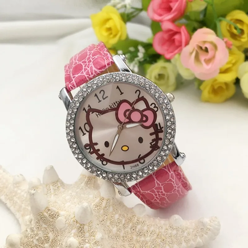 Повседневные часы для девочек с кошкой hello kitty, милые детские часы с кожаным ремешком, стразы, милые детские кварцевые наручные часы - Цвет: Многоцветный