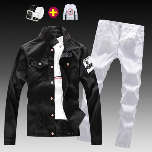 Модная мужская вареная джинсовая куртка, джинсы, штаны комплект из 2 предметов, пальто с длинными рукавами и аппликацией Повседневная приталенная Одежда для мальчиков S-XXXL-осень, E21 - Цвет: 17