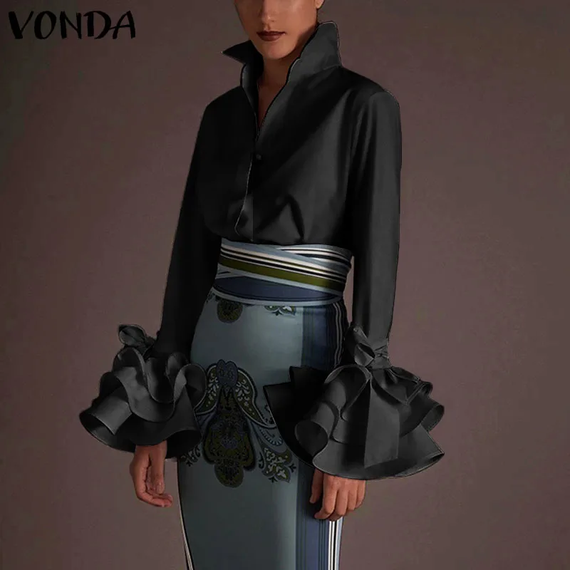 

Party Shirts Women Tops VONDA 2020 Spring Summer Sexy Turn-down Collar Flare Sleeve Office Blouse Casual Solid Plus Size Blusas