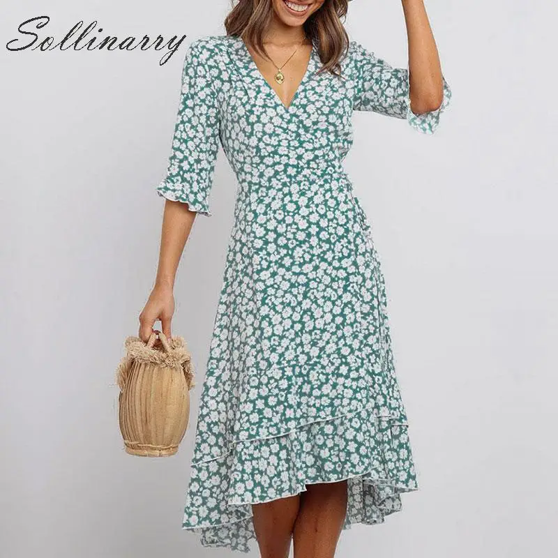 

Sollinarry Floral French Style Women Midi Dress Elegant Half Sleeve Ruffle Autumn Winter Casual Dress Female Retro Dress Vestido