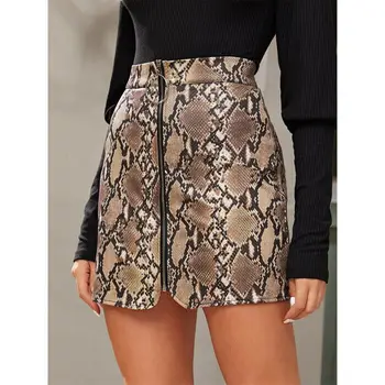 

Black Split Side Snake Print Zip Up Party Skirt Woman Autumn 2019 High Waist Night Mini Skirts Sexy Short Pencil Dress