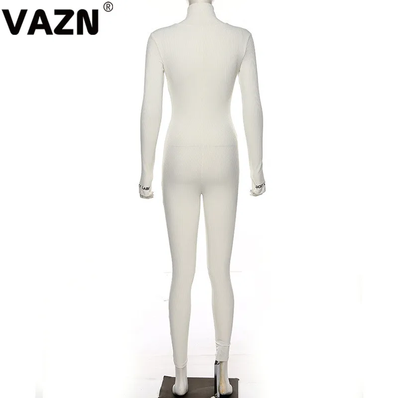 VAZN, черный, белый, дизайн, модный однотонный женский комбинезон с высоким воротом, длинный рукав, длинные брюки-карандаш, комбинезоны, сексуальные Клубные Комбинезоны