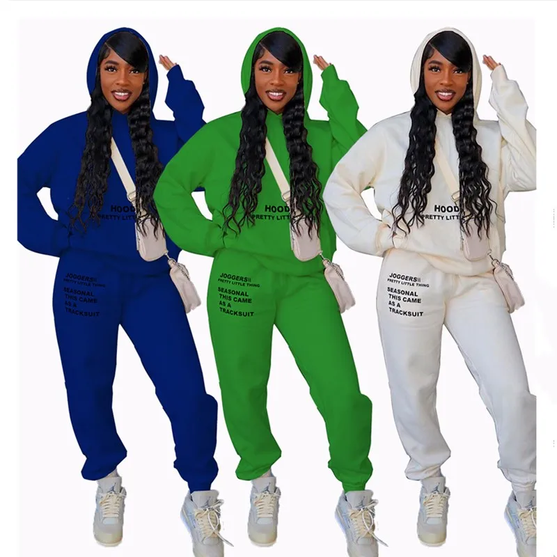 

Sweatsuit Two Piece Set Women Hoodie Letter Print Pocket Top Sport Pants High Street Wear Club Outfit Wholesale Dropshipping