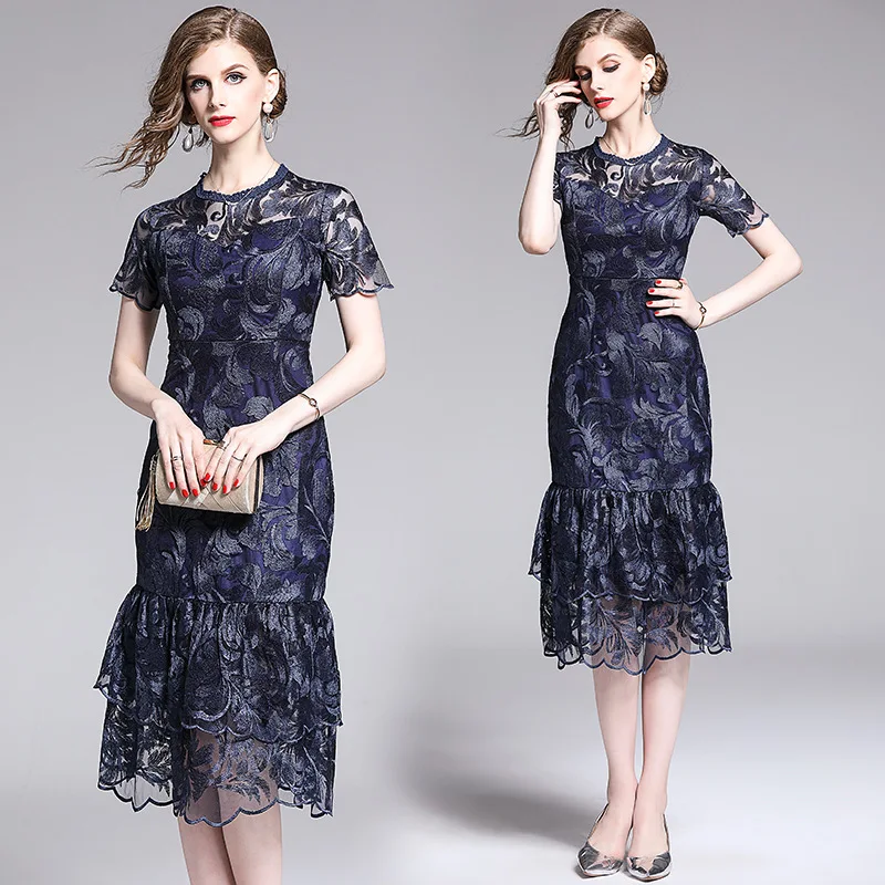 

2019 New Style WOMEN'S Dress Summer Industrial Crew Neck Short Sleeve Embroidery over-the-Knee Mid-length Fishtail Skirt