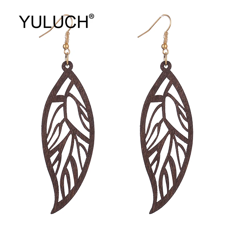 YULUCH Ethnic African Indian Boho Long Earrings Fashion Jewelry For Women Personality Hollow Wood Pattern Leaf Pendant Earrings