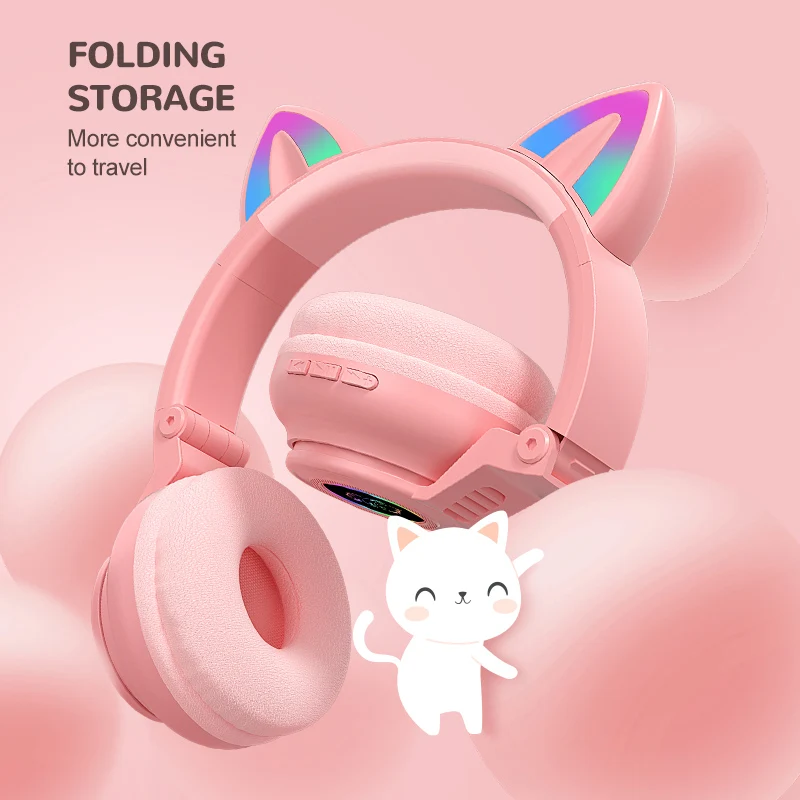 Cute RGB Kitten wireless Headsets Bluetooth 5.0 Bass Noise Cancellation Adult Child Girl Headset Support TF Card Helmet with Mic