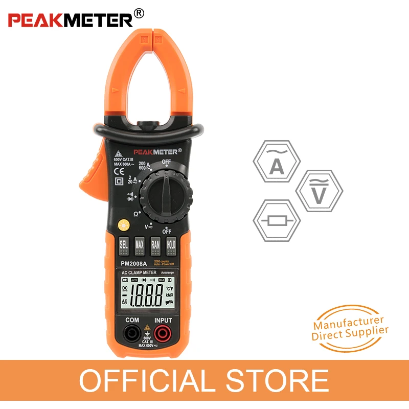 

PEAKMETER PM2008A Digital Clamp Meters Auto Range Clamp Meter Ammeter Voltmeter Ohmmeter w/ LCD Backlight Current Voltage Tester