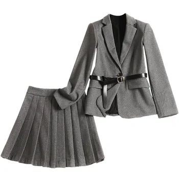 

Elegant Work Sets 2019 Autumn Business Suit Women Notched Collar Houndstooth Blazer Jackets+Mini Pleated Skirt Sets 2pc Female