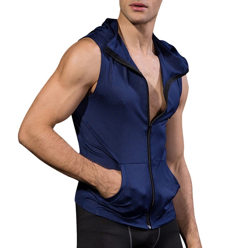 

2020 Men Compression Zipper Shirt Sport T Shirt Running Gym Fitness Tights Sleeveless Hooded Top Shirt Jogger Clothes Sportswear