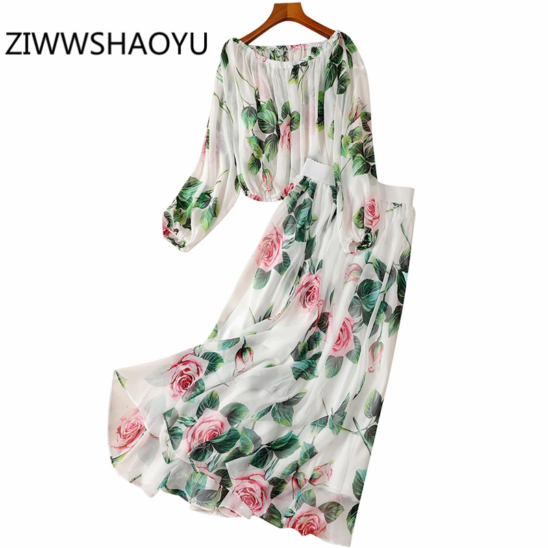 

ZIWWSHAOYU Women Summer Boho Holiday Suit Ladies Off Shoulder Silk Tops And Floral Print Chiffon Length Skirt 2 Two-Piece Set