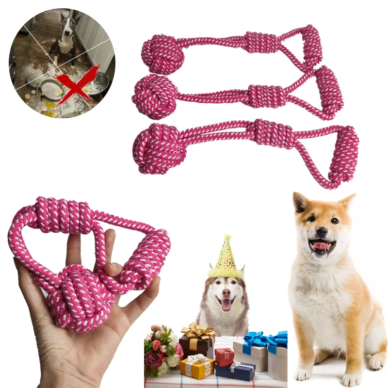 MZHQ Rose Red Cotton Rope Braided Labrador Training Molar Teeth Bite-Resistant Teeth Cleaning Dog Pet Toy Ball Dog Supplies Gift 1pc 17cm pet dog puppy cotton chew knot toy durable braided bone rope molar toy gift pets teeth cleaning supplies random color