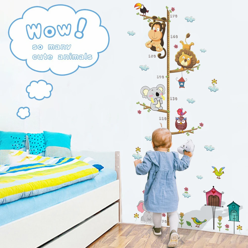 

Cartoon Animals Monkey Owl Elephant Height Measure Wall Sticker For Kids Rooms Growth Chart Nursery Room Decor Wall Art