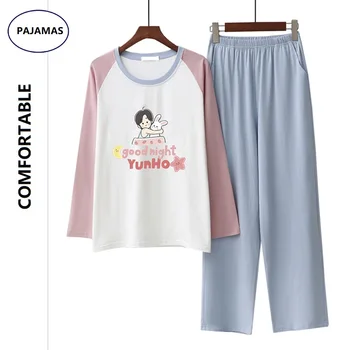 

Korean Style Cotton Pajamas Women Spring Autumn Round Neck Long Sleeve Good Night Cartoon Rabbit Loose Trousers Home Clothes Set