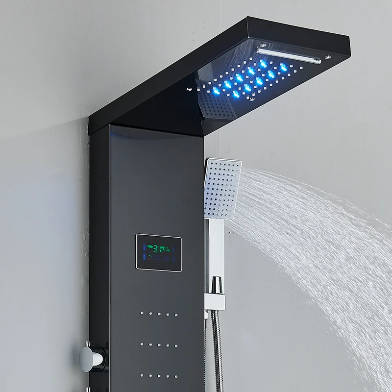 Shower Panel Bathroom Shower Faucet Set Bathroom LED Rain/Waterfall Head Shower Panel Digital Display Screen Massage Jets Waterfall Bath Tub Spout Shower Column