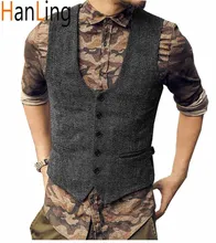 Men's Single-Breasted Wool Tweed Casual Cotton Suit Vest Herringbone Brown Business Groom Married