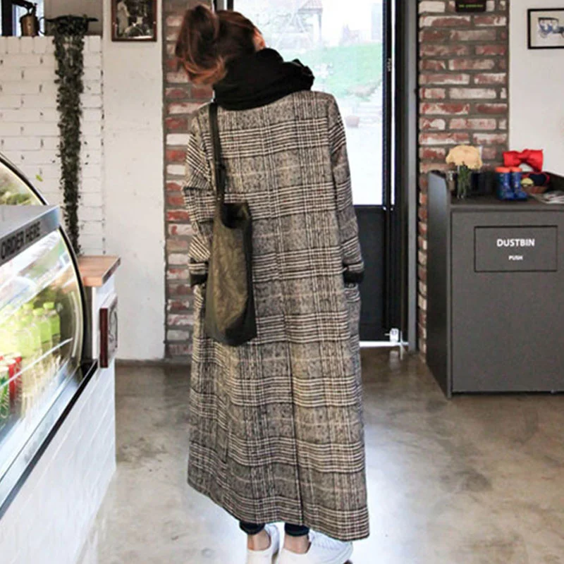 Ins Мода Зима Осень женское серое офисное женское длинное пальто в елочку свободное негабаритное шерстяное повседневное Теплое повседневное пальто