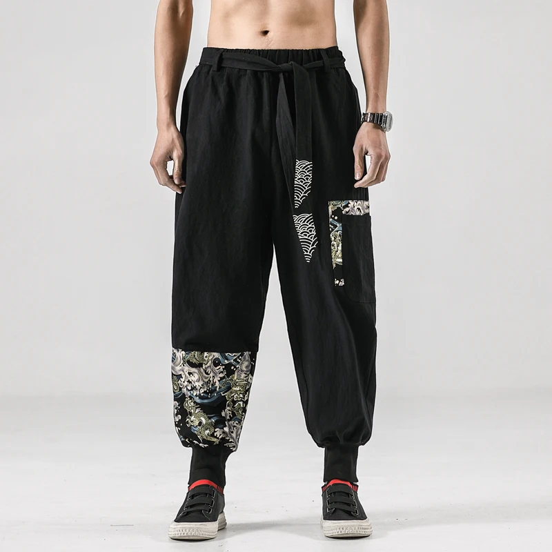 Men Linen Harem Pants Cotton Trousers Print Cross Crotch Vintage Chinese Style