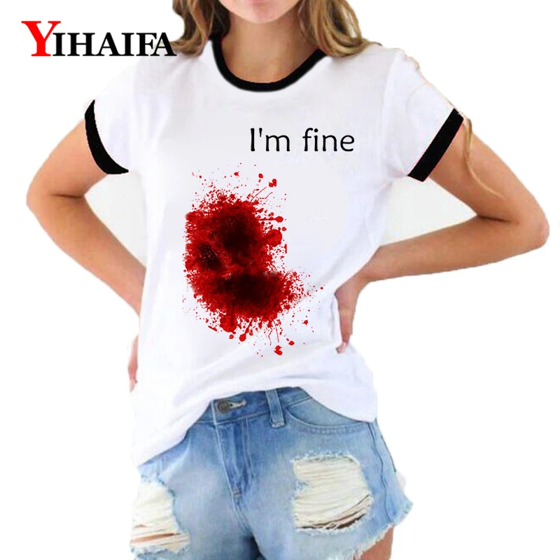 

I'm Fine 3D T Shirts Women Letters Printed Graphic Tee Summer Short Sleeve Ladies Funny Halloween Casual Tops Woman Clothes