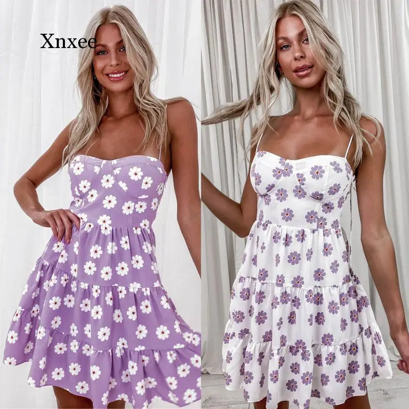 

Women Purple Flower Print a Line Dress Sexy Backless Spaghetti Strap Boho Dresses Summer Holiday Beach Sundresses Vestidos